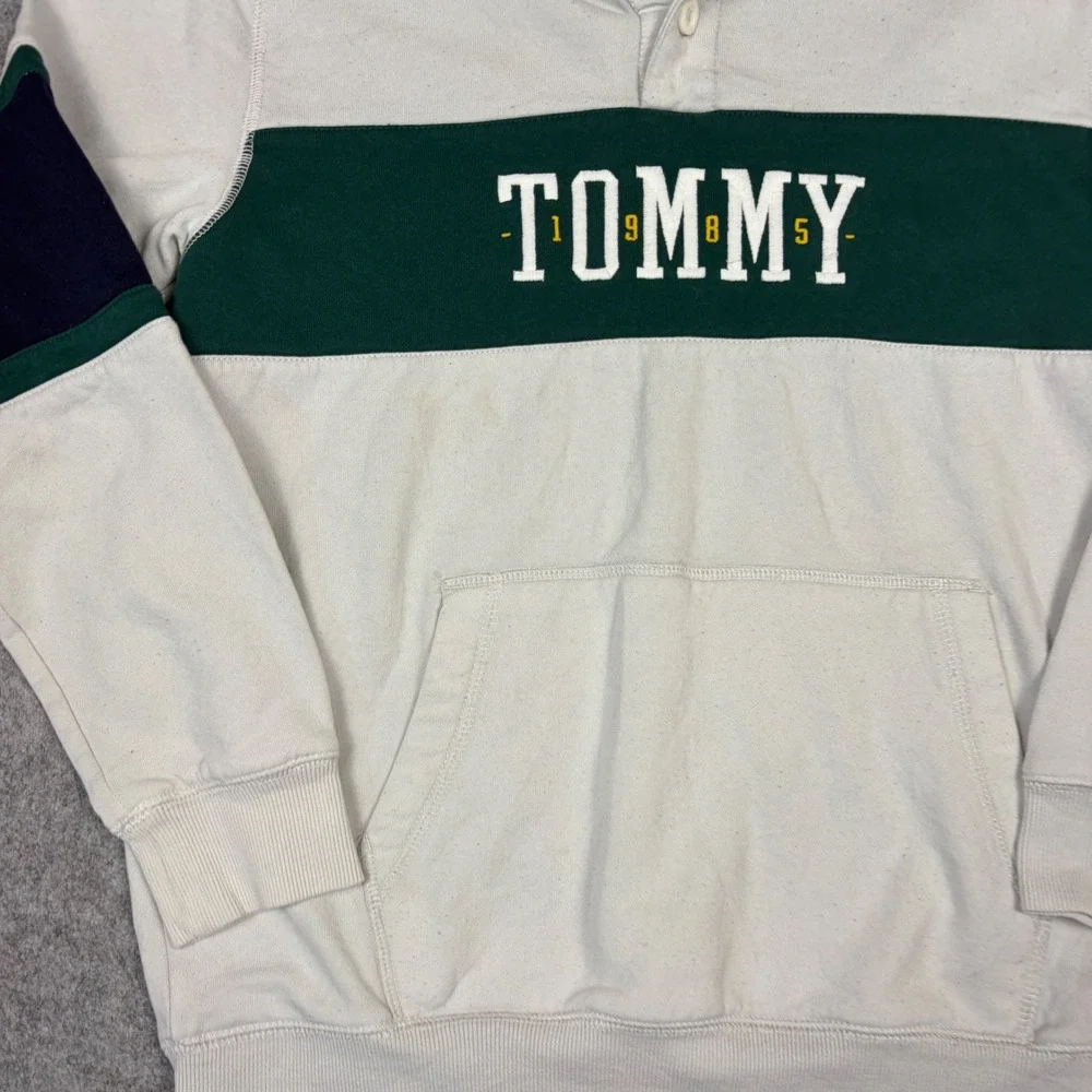 Tommy Hilfiger Boys L 14/16 Hoodie Colorblock Henley Sweatshirt White Green Navy